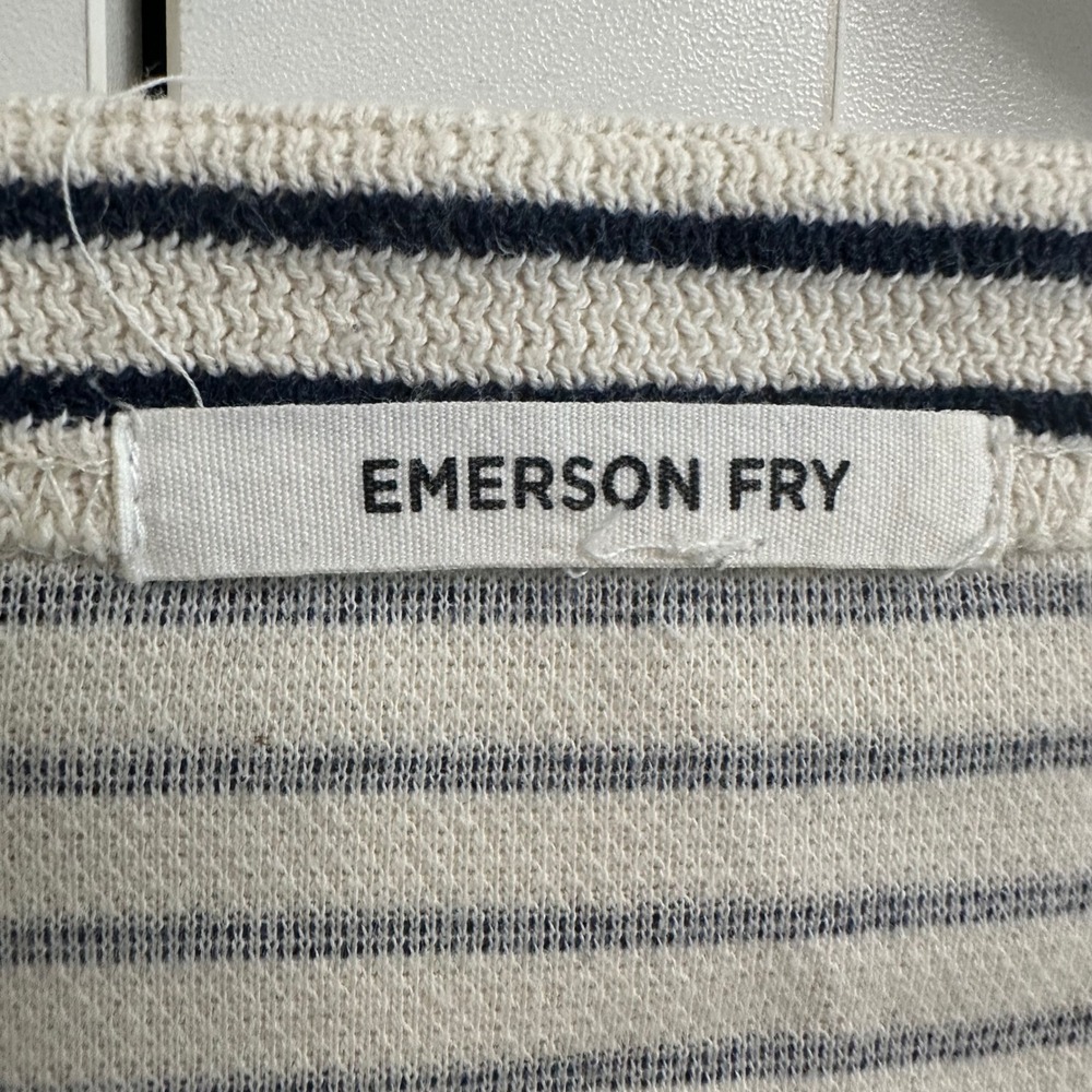 Emerson Fry Organic Boxy Stripe 3/4 Sleeve Top Womens OS Cream Navy Boat Neck - Picture 5 of 10